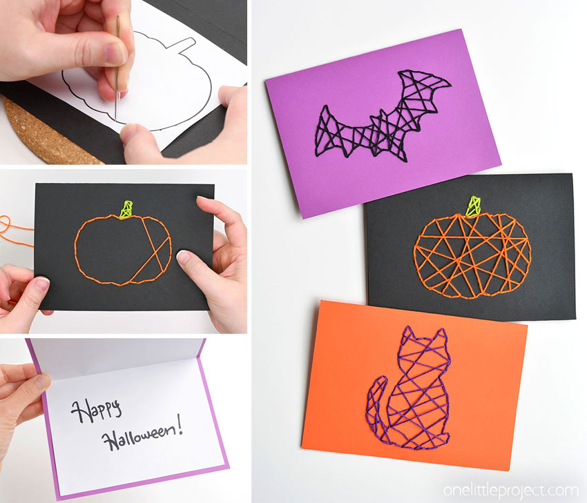 A collage of images showing how to make Halloween string art cards