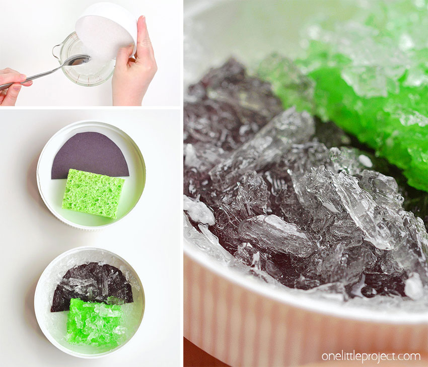 Collage of images showing how to make epsom salt crystals