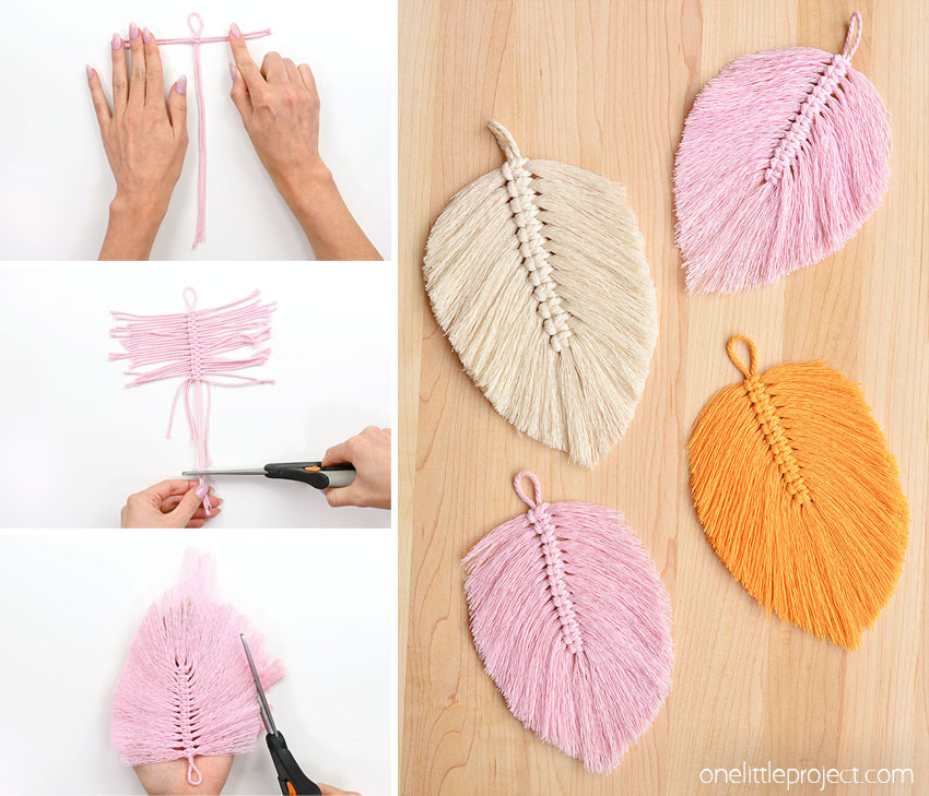 Collage of images showing how to make a macrame feather