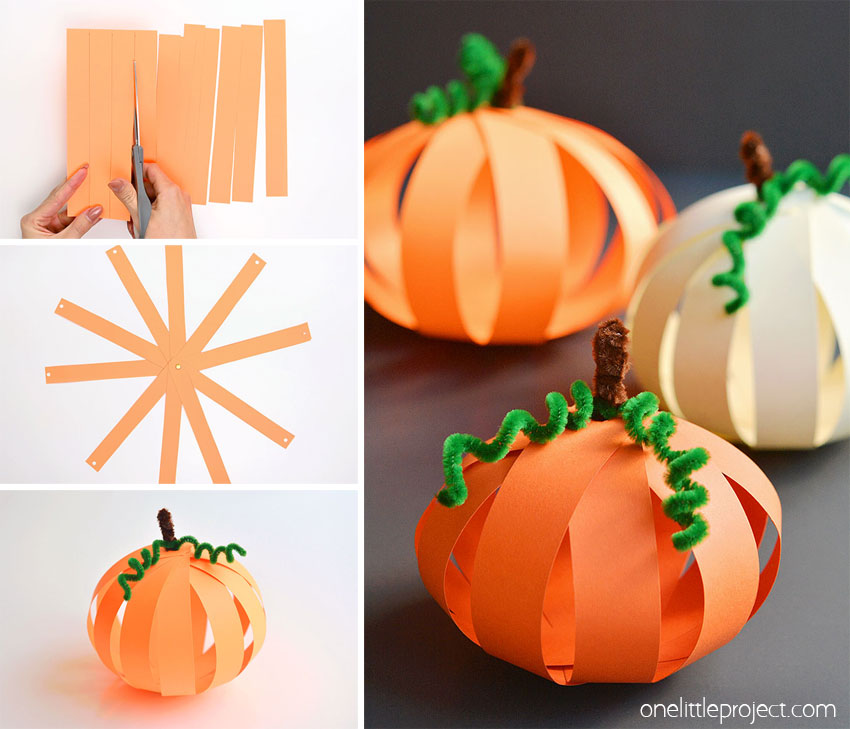 Collage of images showing how to make a paper pumpkin