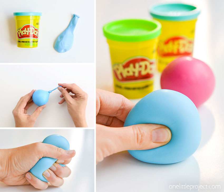 Collage of images showing how to make a stress ball with playdough