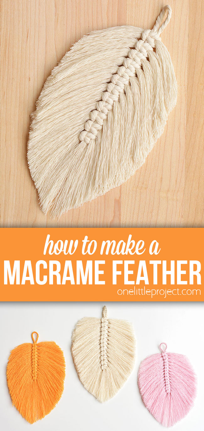 Pin image showing tutorial for making a macrame feather