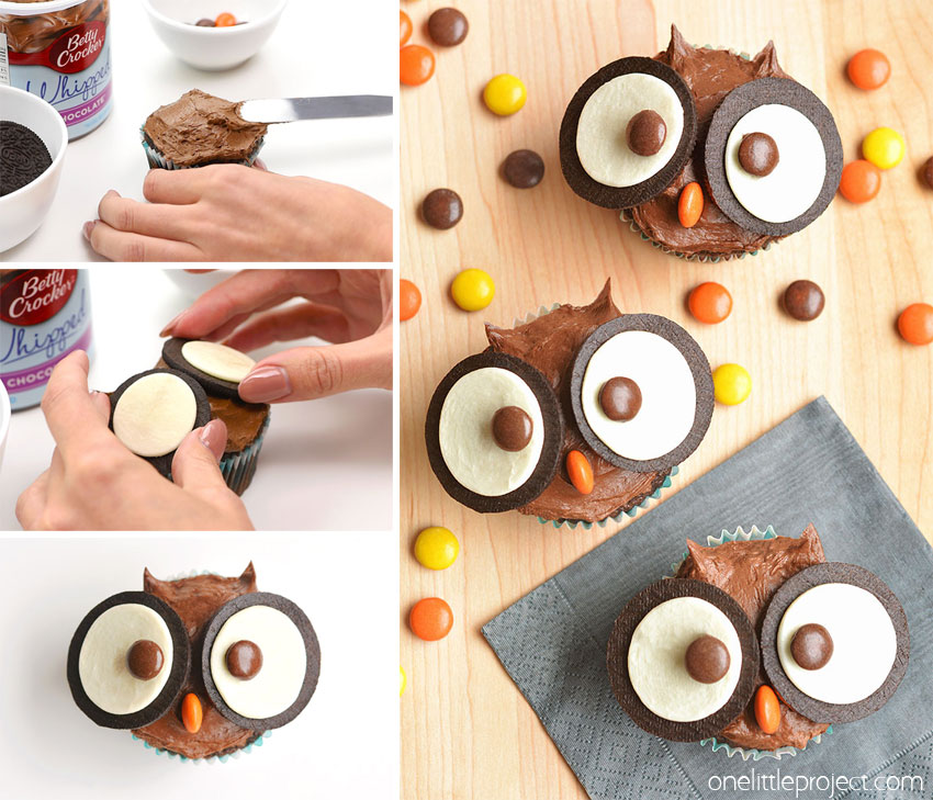 A collage of images showing how to make an owl cupcake with oreo eyes