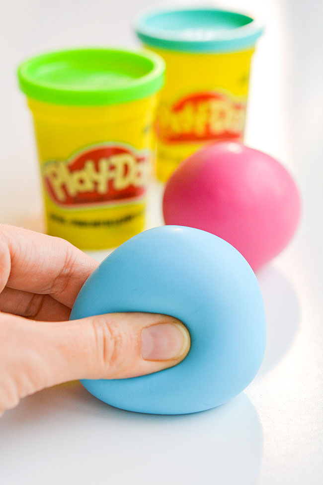 Two colours of playdough stress balls