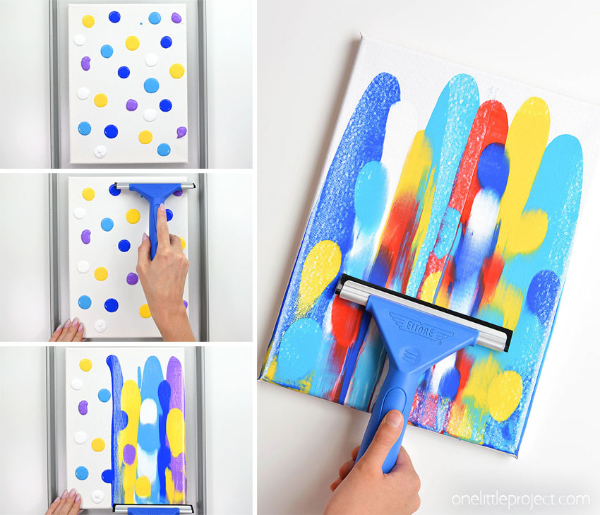Collage of images showing how to make a squeegee painting