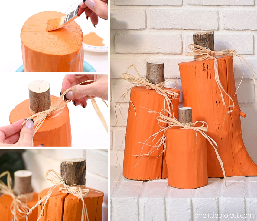 Collage of images showing how to make stump pumpkins