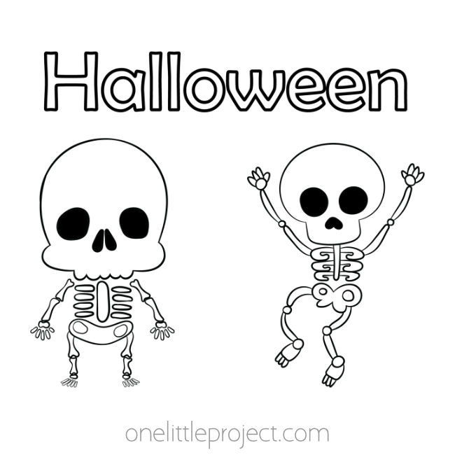 Two skeletons below the word Halloween