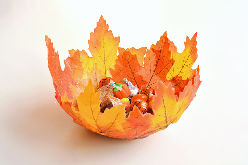DIY leaf bowl filled with candy