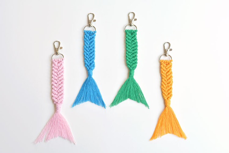 Four colours of DIY macrame keychains