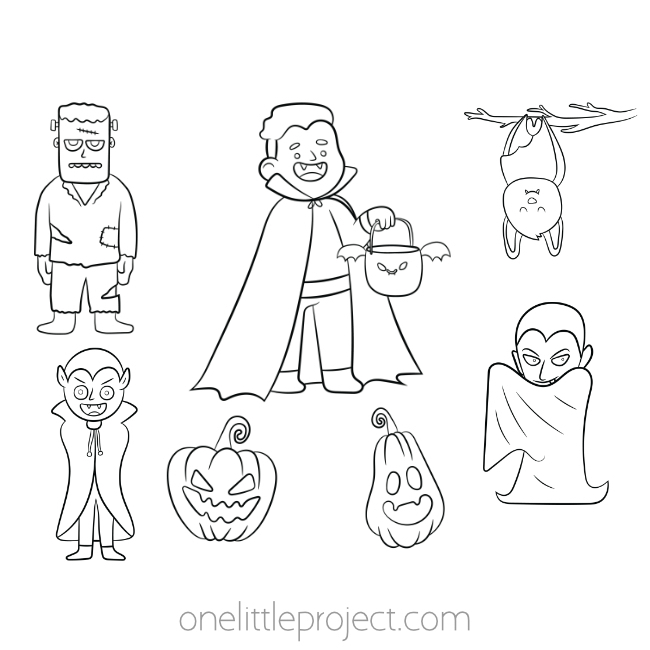 Two jack-o-lanterns, Frankenstein, a sleeping bat, two vampires, and a vampire trick or treater