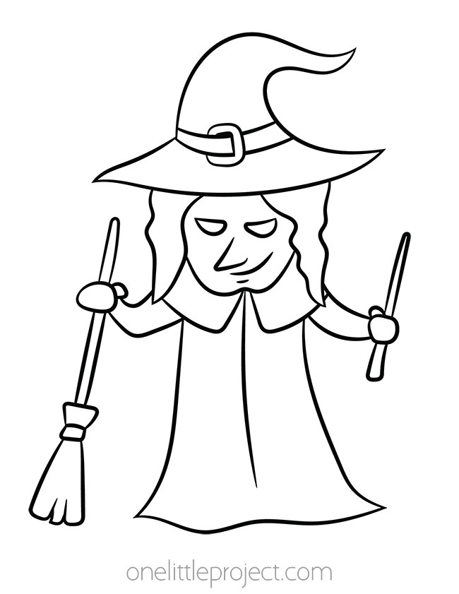 Eerie looking witch with a broom and a wand