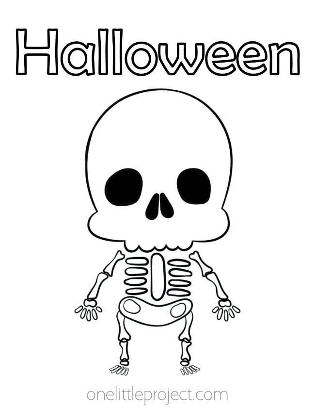 The word Halloween above a skeleton
