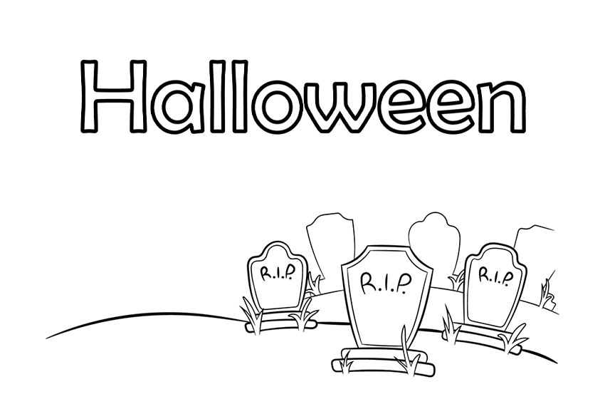 The word Halloween above tombstones that read RIP