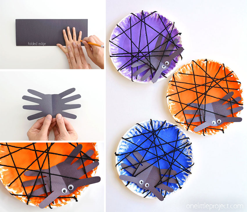 Collage of images showing how to make a handprint spider