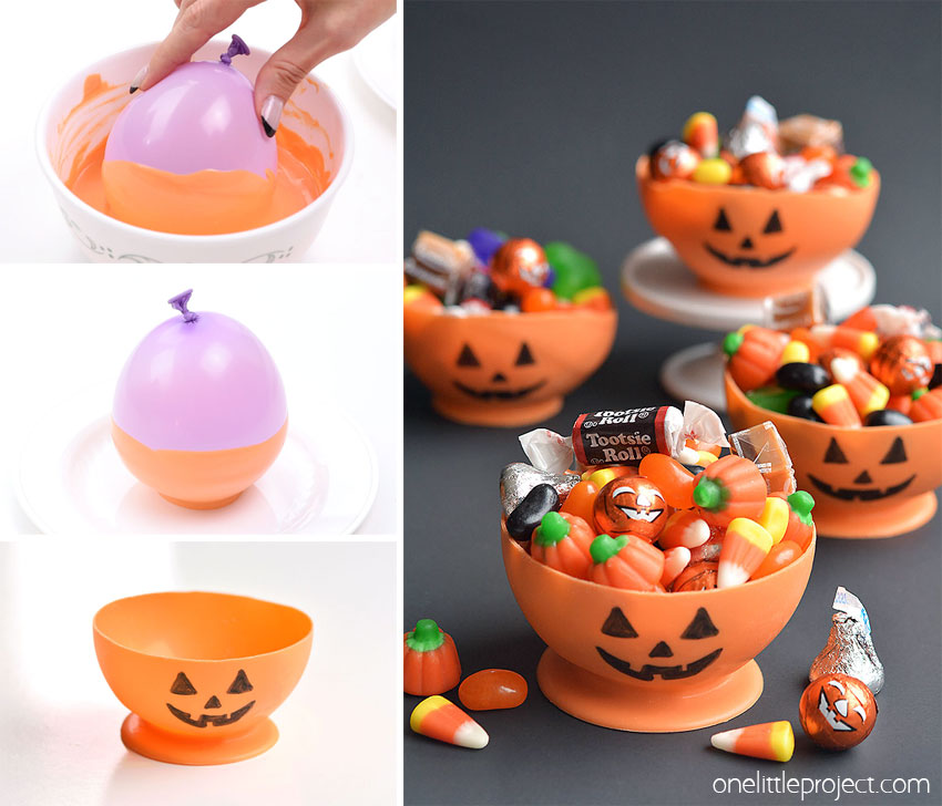 Collage of images showing how to make candy melt pumpkin bowls