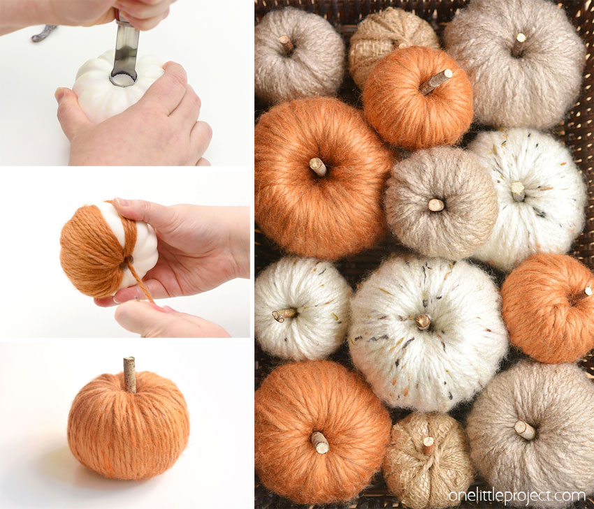 A collage of images showing how to make a chunky yarn pumpkin