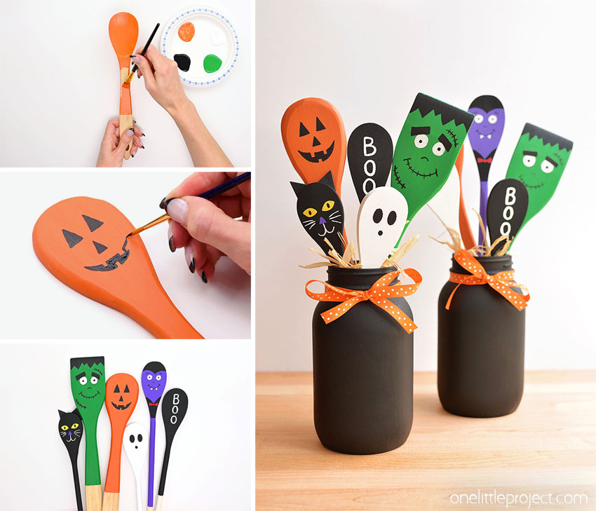 A collage of images showing how to make Halloween wooden spoons