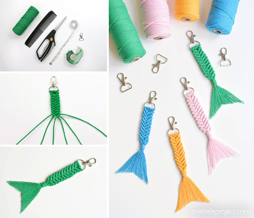 Collage of images showing how to make macrame keychains