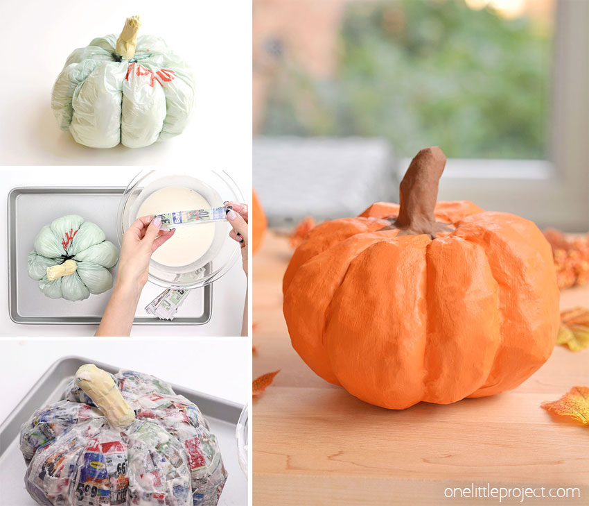 A collage of images showing how to make paper mache pumpkins