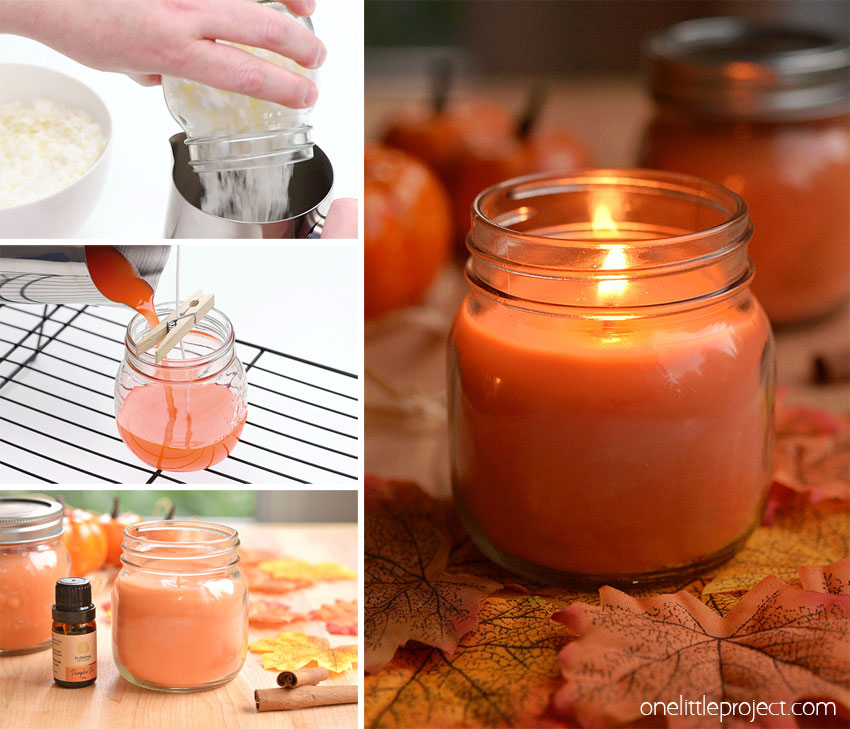 Collage of images showing how to make pumpkin spice candles