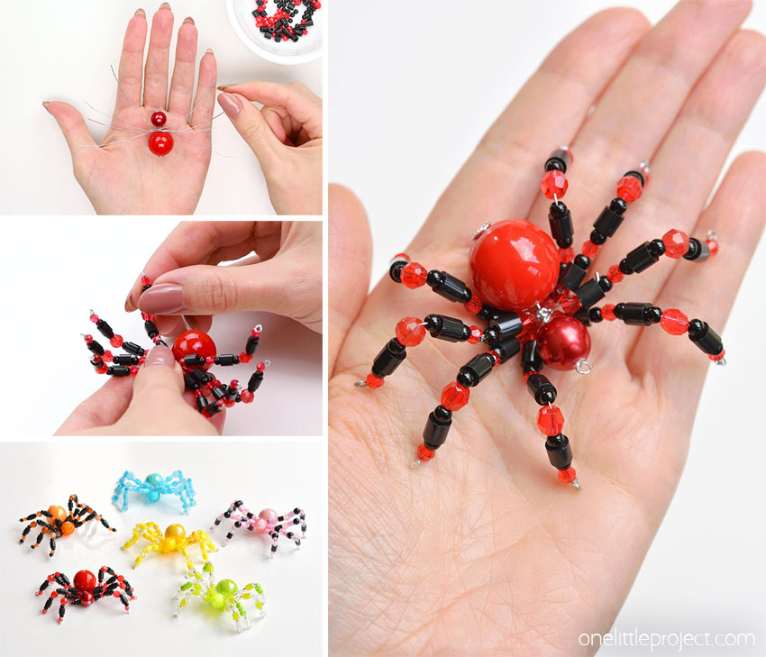 Collage of images showing how to make a beaded spider