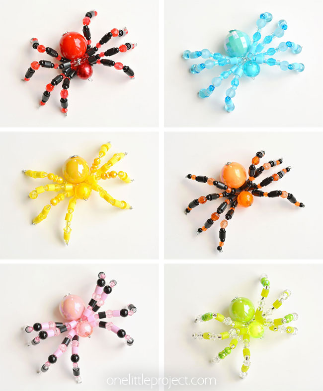 Collage of six different colours of beaded spiders