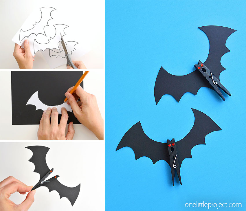 Collage of images showing how to make a clothespin bat