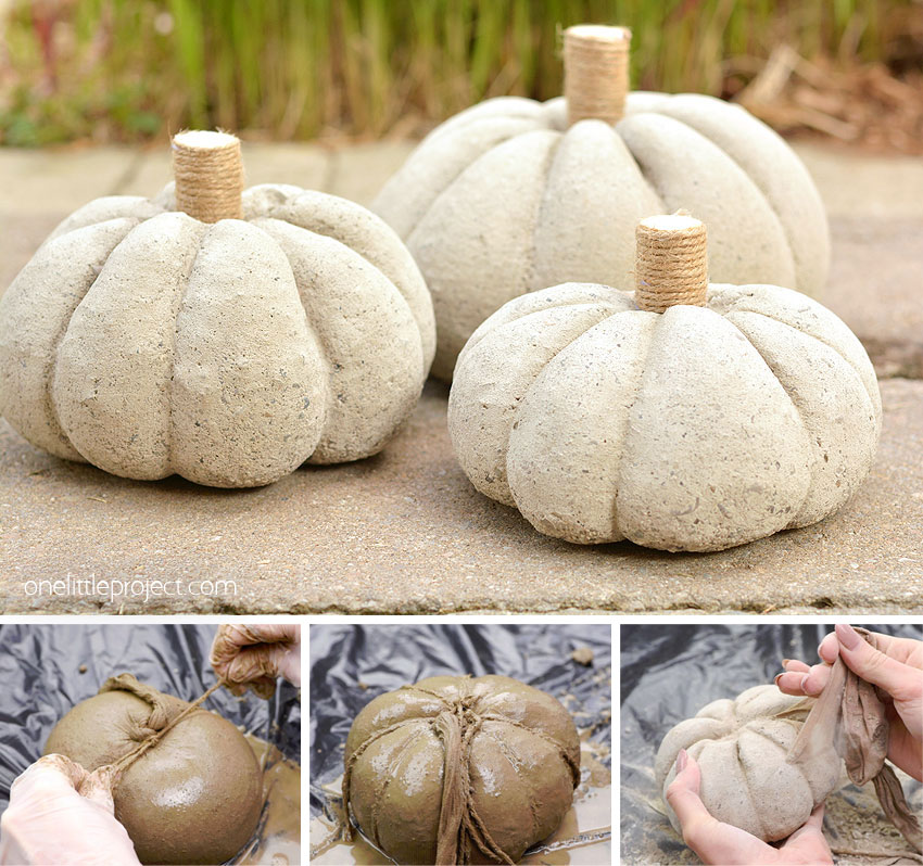 Collage of images showing how to make a concrete pumpkin