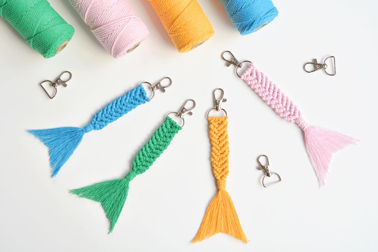Blue, green, yellow, and pink macrame keychains