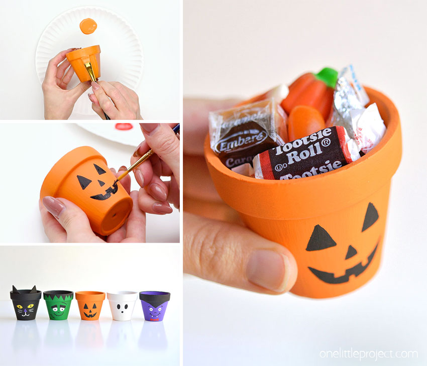 Collage of images showing how to make DIY painted clay pots for Halloween