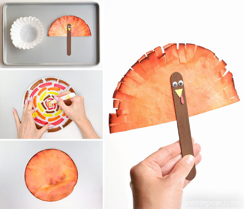 Collage of images showing how to make a coffee filter turkey