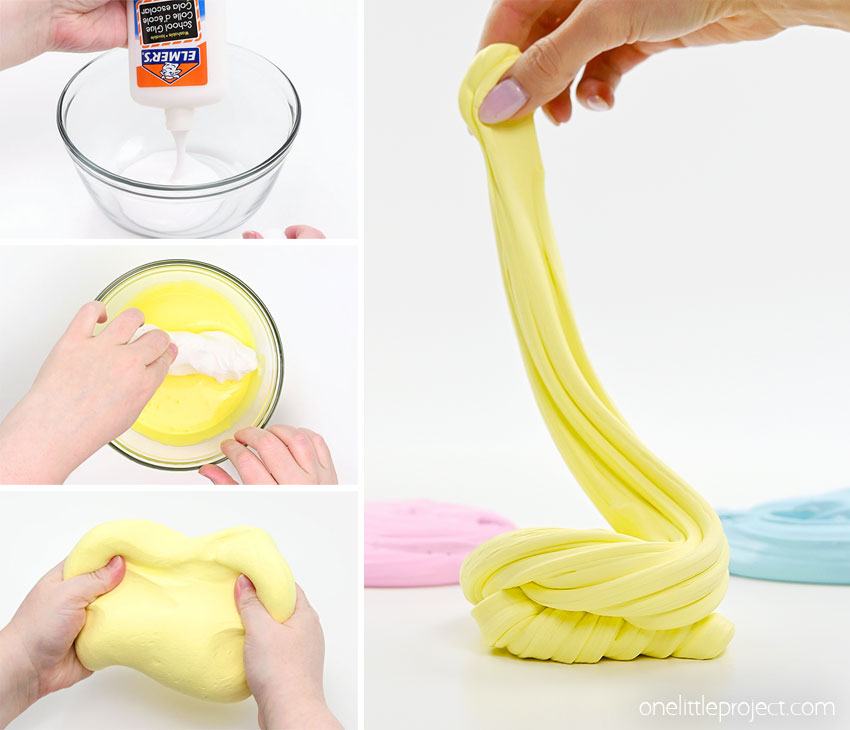 A collage of images showing how to make butter slime