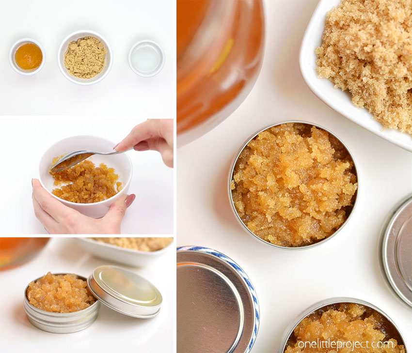 Collage of images showing how to make lip scrub