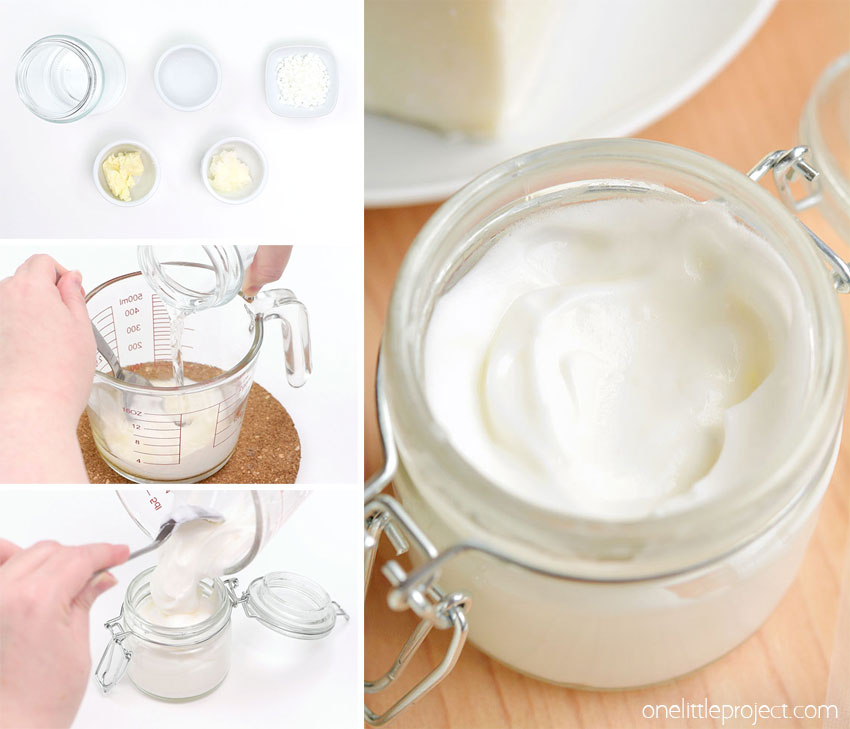 A collage of images showing how to make homemade lotion