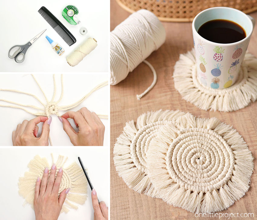 A collage of images showing how to make macrame coasters