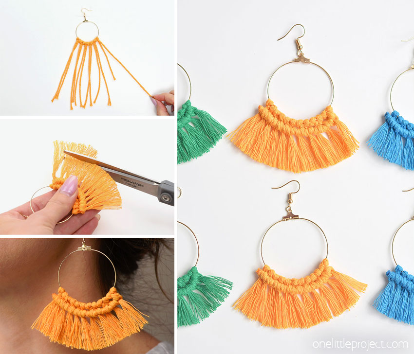 Collage of images showing how to make macrame earrings