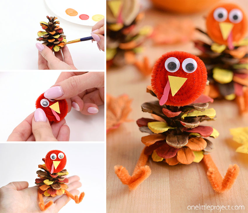 A collage of images showing how to make pinecone turkeys