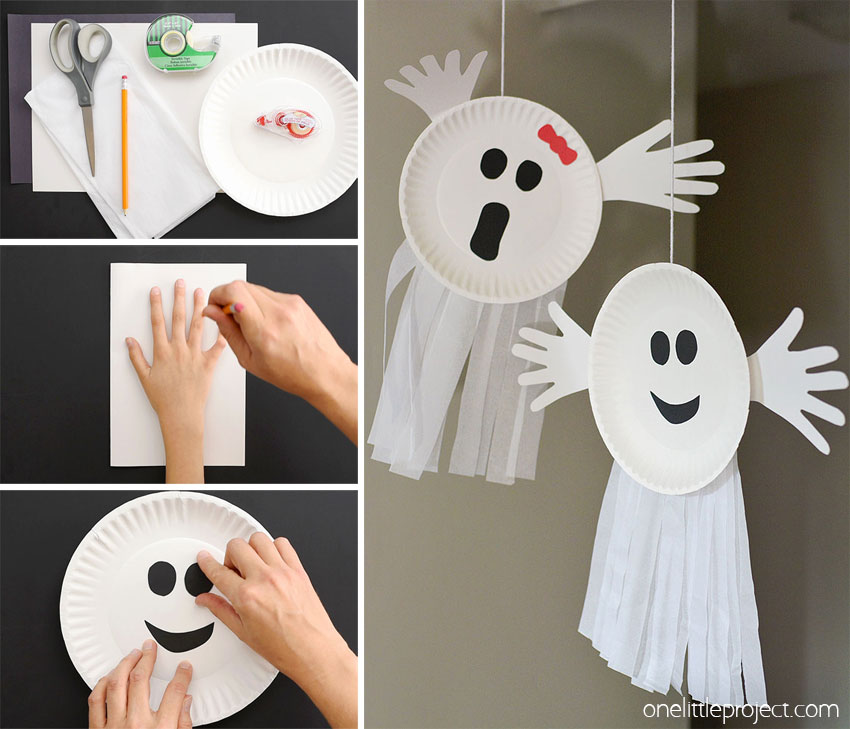 Collage of images showing how to make a paper plate ghost