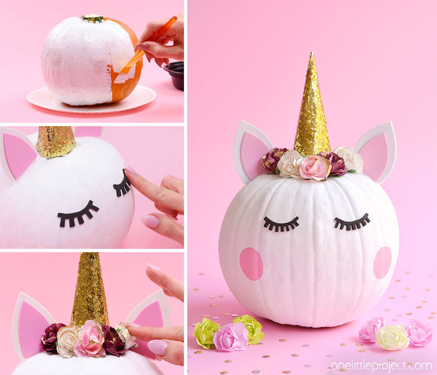 Collage of images showing how to make a unicorn pumpkin