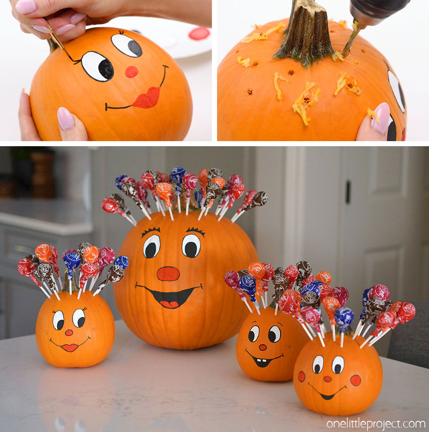 Collage of images showing how to make a pumpkin lollipop holder