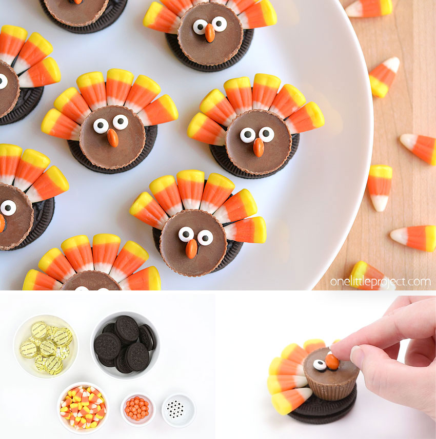 Collage of images showing how to make Thanksgiving treats for kids