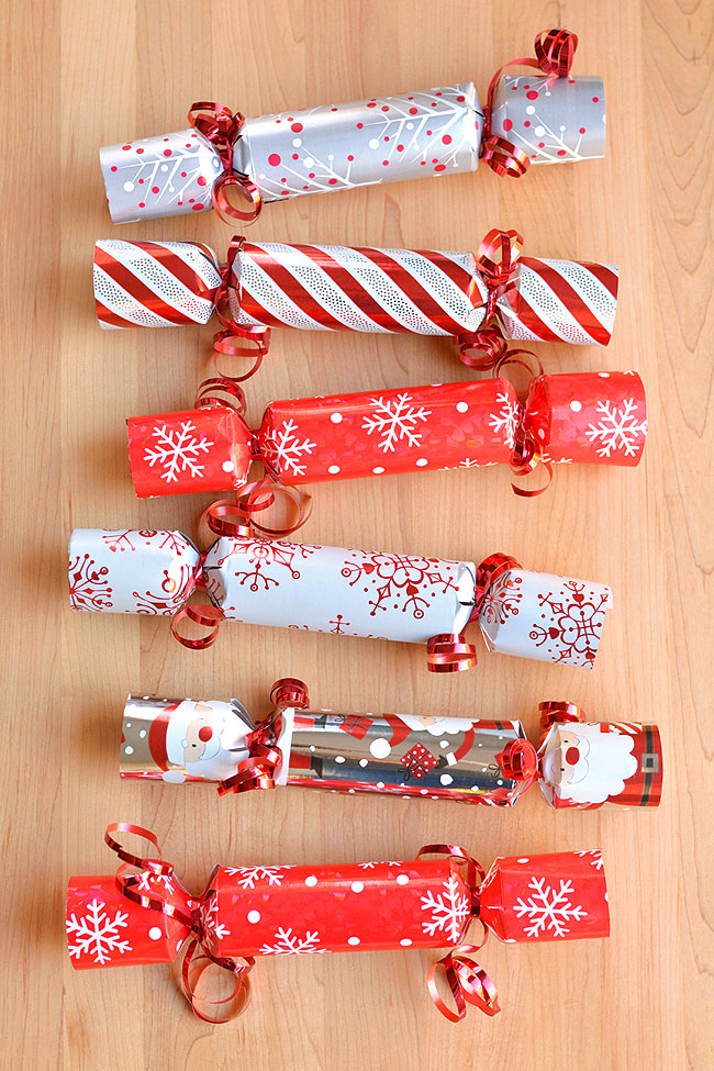 Red, white, and silver British Christmas crackers