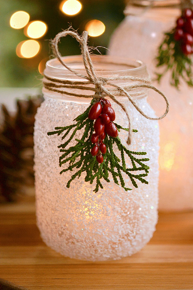 Mason jar decorated for Christmas