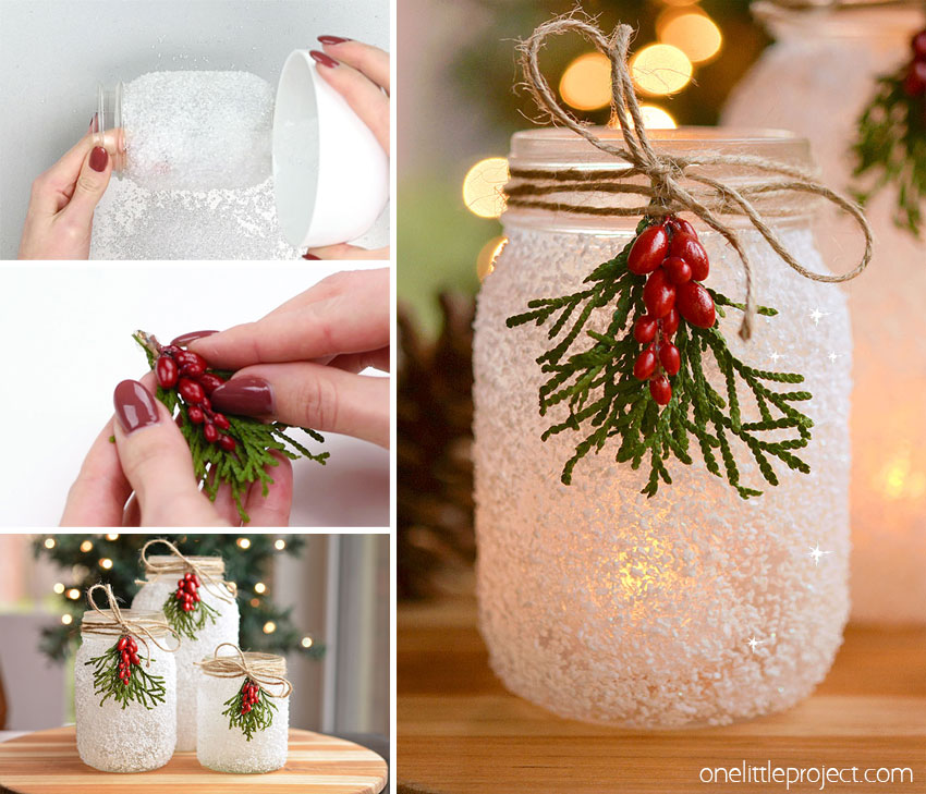 A collage of images showing how to make DIY snowy mason jars