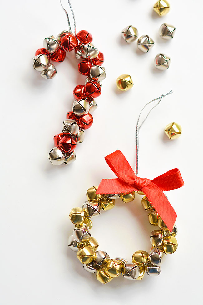 Candy cane and wreath jingle bells ornaments