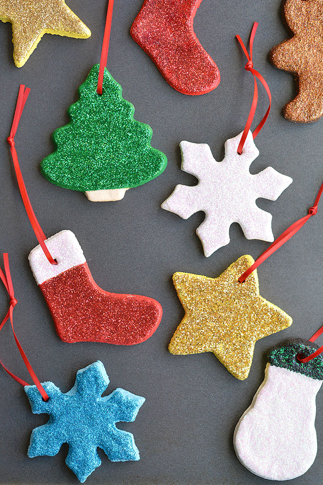 Colourful and glittery salt dough Christmas ornaments