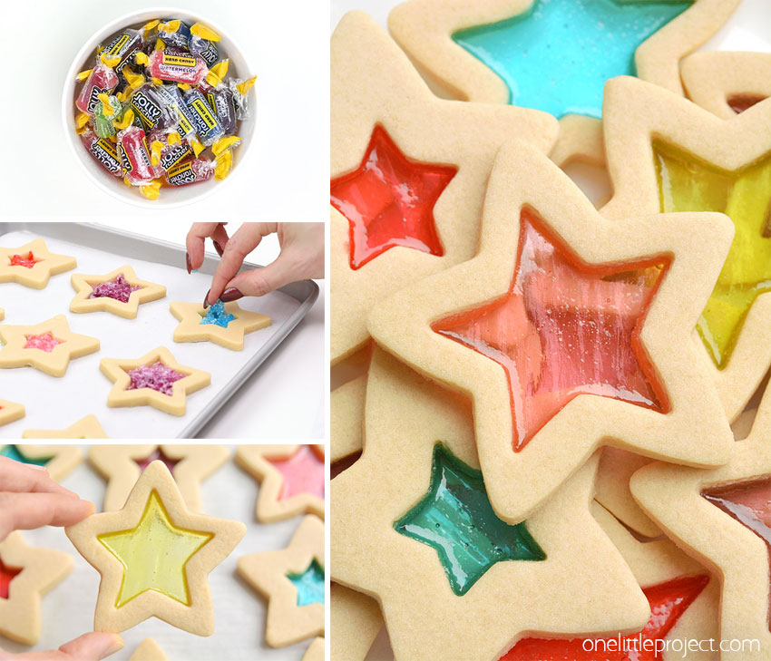 A collage of images showing how to make stained glass cookies