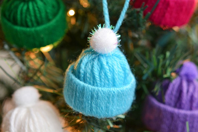 Yarn beanie ornaments on the Christmas tree