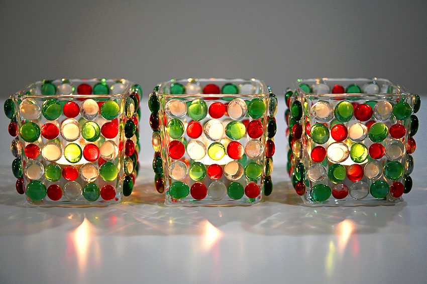 Three DIY Christmas candle holders made with glass beads