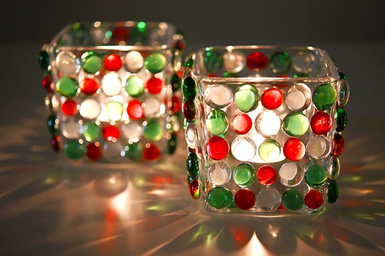 Christmas candle holder decorated with glass beads